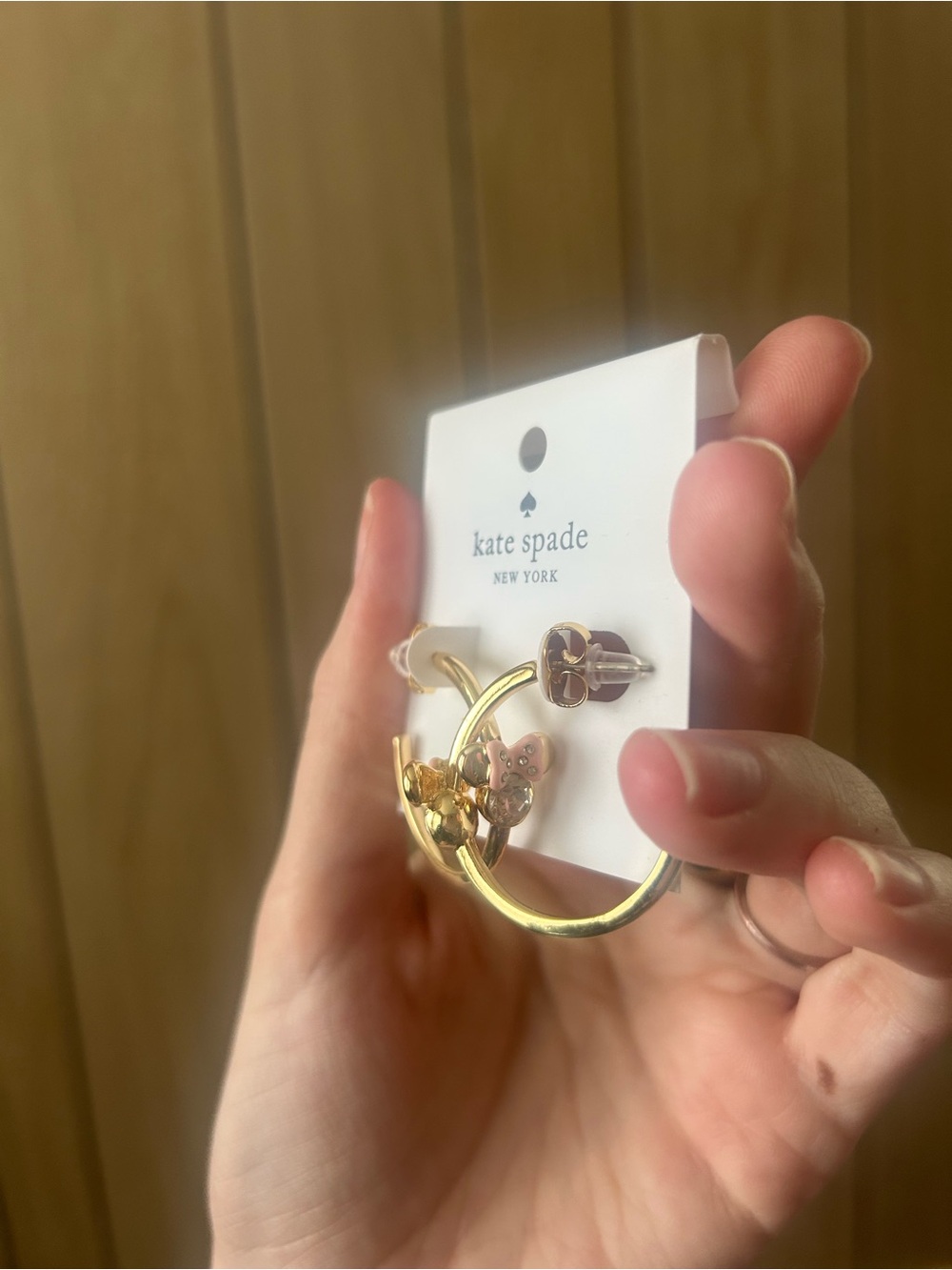 Kate Spade Minnie Mouse gold hoop earrings with pink bow
